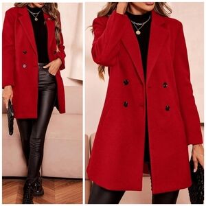 New Chic Double Breasted Mid Length Pea Coat Jacket Red